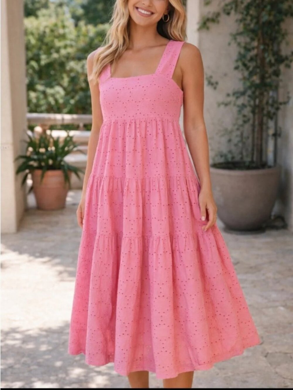 Anthropologie Helena Pink Eyelet Square-Neck Tiered Midi Dress XSP
